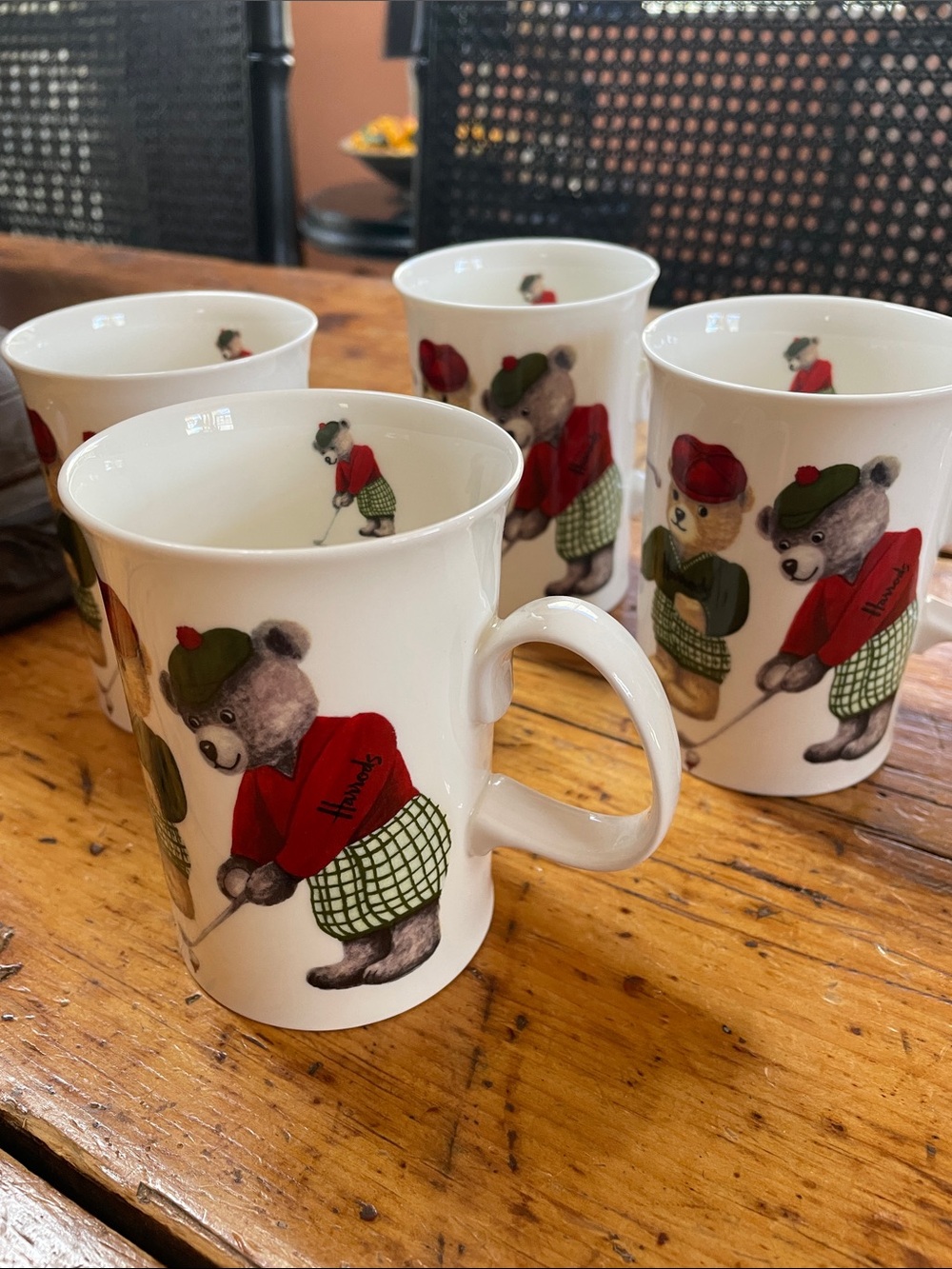 Harrods Knightsbridge Bone China, set of 4 with Red & Green Golfing Bears Motif
